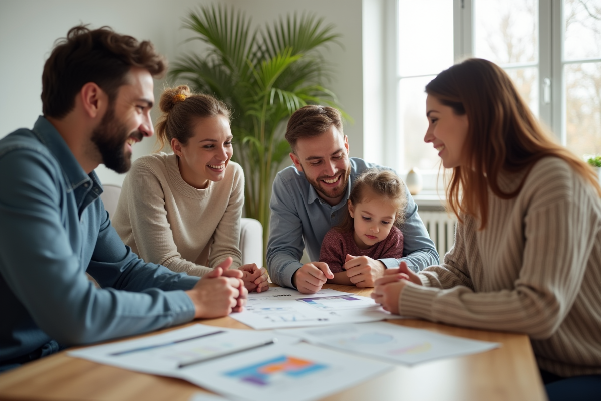 Famille discutant avec un conseiller energie dans un salon lumineux
