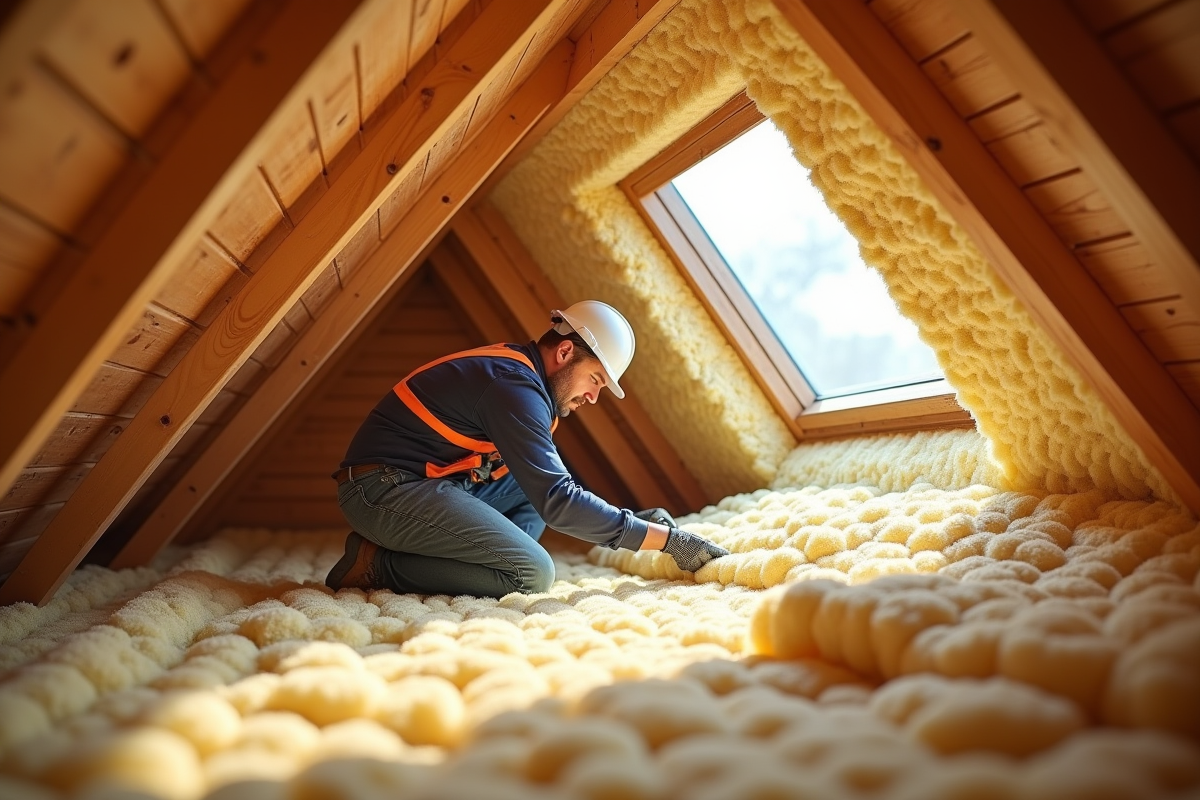 Ouvrier installant de la laine mineral dans un grenier moderne