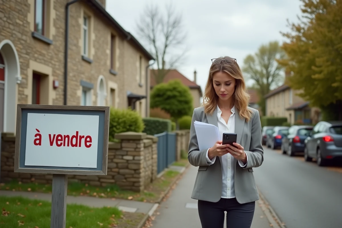 Femme consultant son téléphone devant une maison à vendre avec panneau immobilier et documents en main