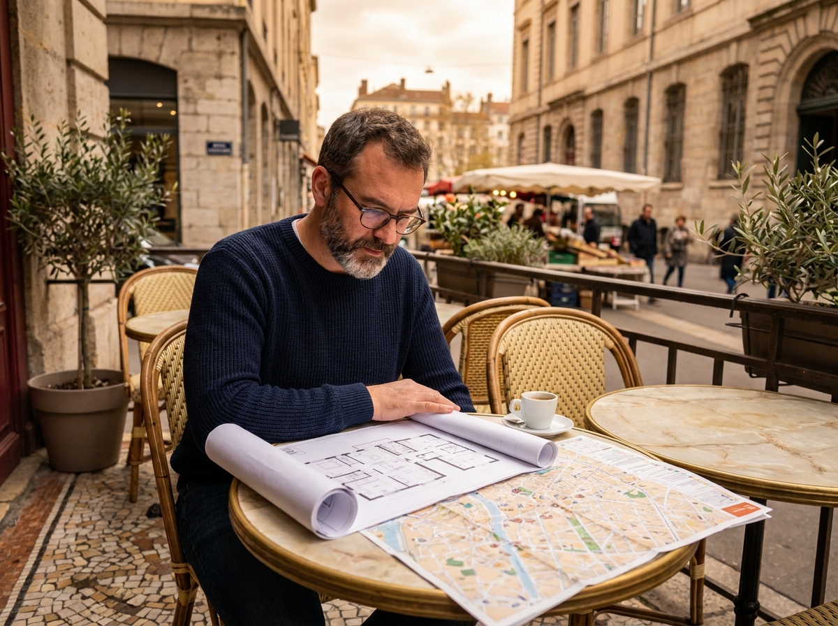 Un homme consulte des plans immobiliers en terrasse de café dans le 3e arrondissement de Lyon