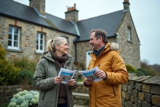 Couple d'acheteurs pressés devant une maison normande en pierre à vendre en bord de mer