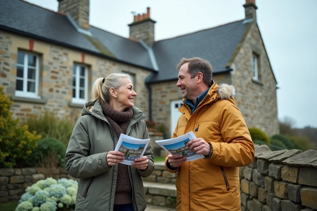 Couple d'acheteurs pressés devant une maison normande en pierre à vendre en bord de mer