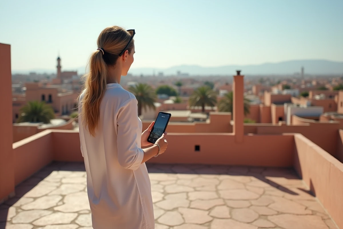 Acheteuse française déçue sur la terrasse d'une villa à Marrakech face à une piscine inachevée