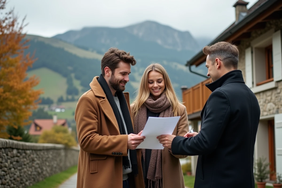 Couple visitant une maison en pierre en Isère accompagné d'un agent IMMO PRIMA avec vue sur les collines alpines