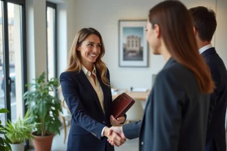 Agent immobilier IMMO PRIMA accueillant des clients dans une agence moderne à Paris avec vue sur un immeuble haussmannien