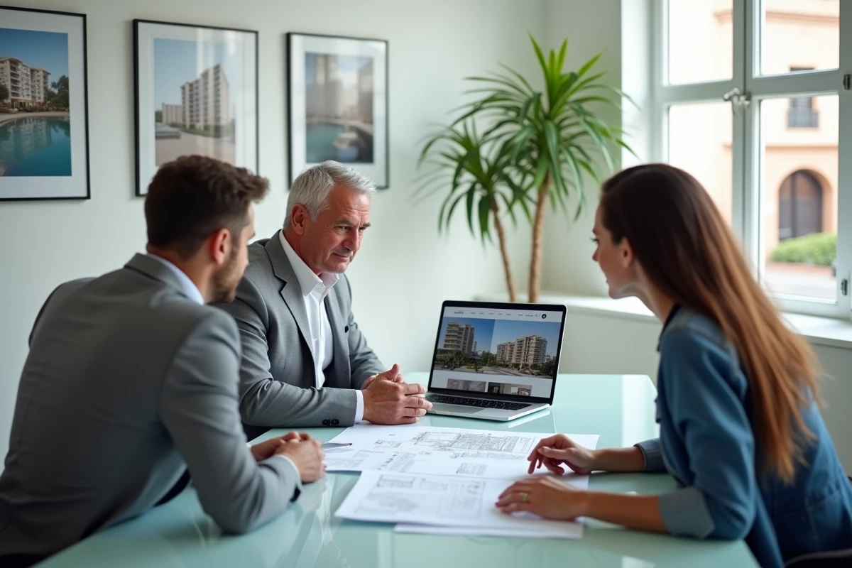 Réunion entre un agent immobilier et des acheteurs dans une agence à Guéliz pour la vente exclusive d'un appartement