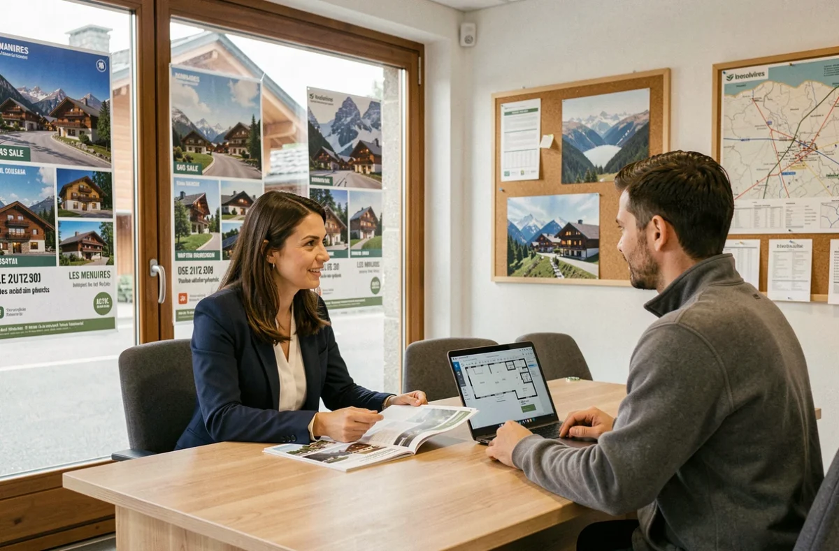 Conseillère immobilière présentant des offres d'appartements à vendre aux Menuires à un client dans une agence moderne