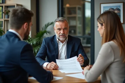 Agent immobilier montrant une clause contractuelle sur les honoraires à un couple acheteur dans une agence