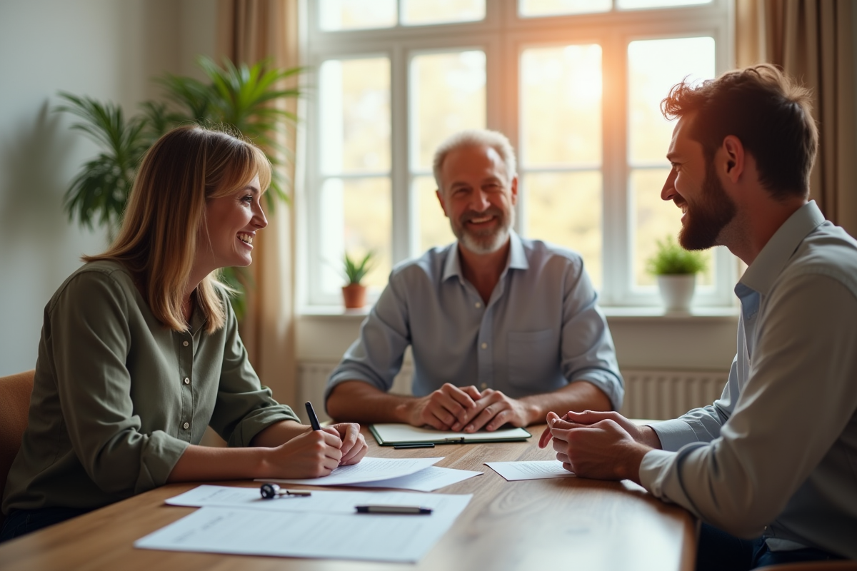 Agent immobilier discutant avec un couple dans un salon lumineux