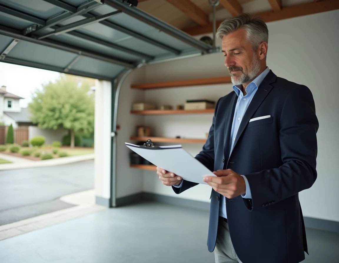 Agent immobilier évaluant la valeur d'une maison mitoyenne avec garage lors d'une estimation de revente