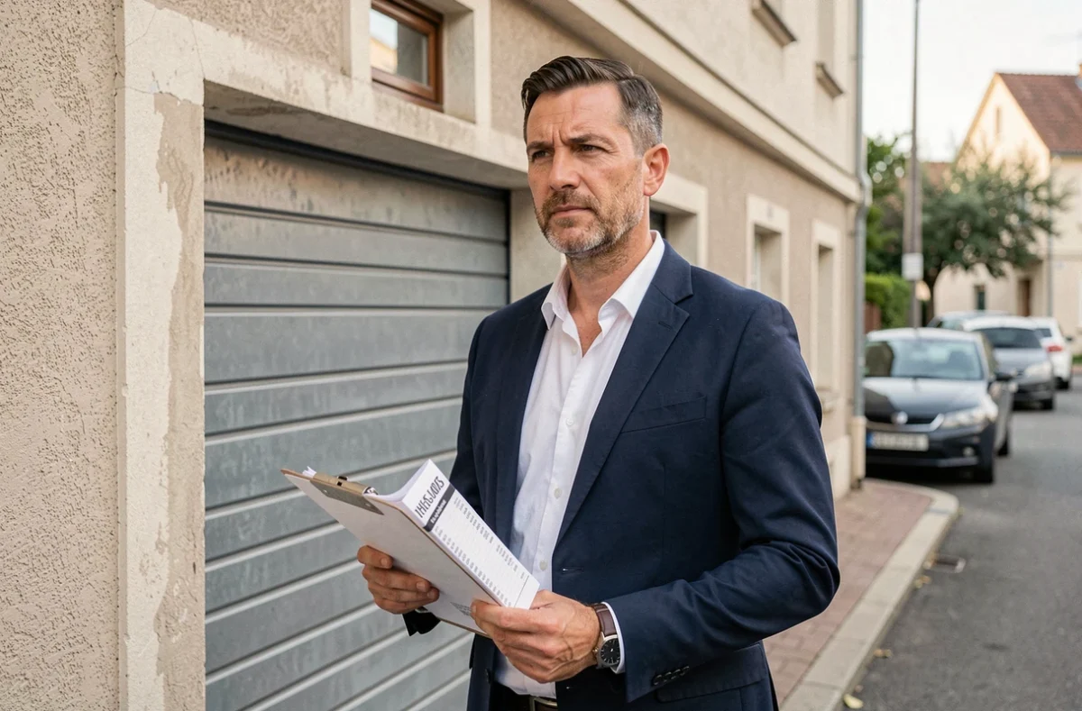 Agent immobilier évaluant la valeur locative d'un garage individuel en zone résidentielle