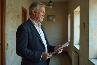 Agent immobilier en blazer navy devant un couloir ancien