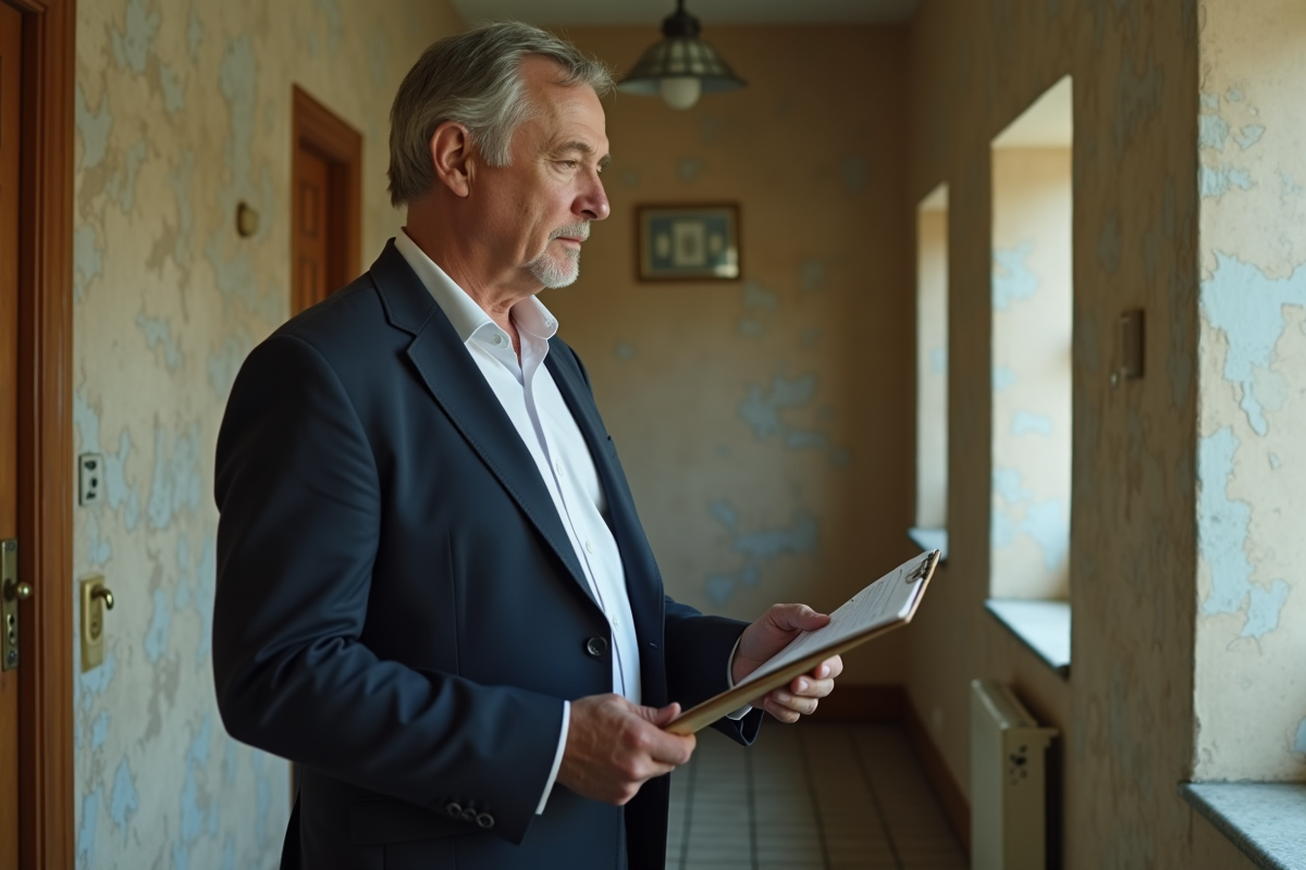 Agent immobilier en blazer navy devant un couloir ancien