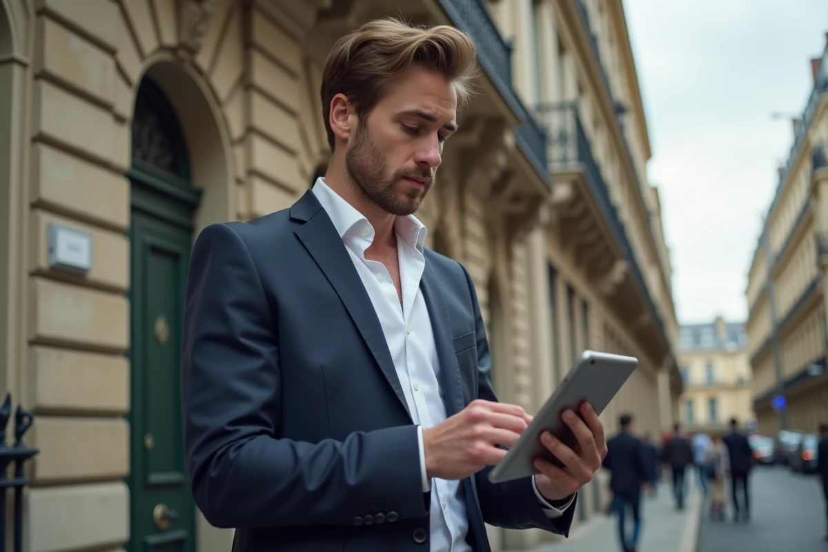 Agent immobilier en costume dans une rue parisienne