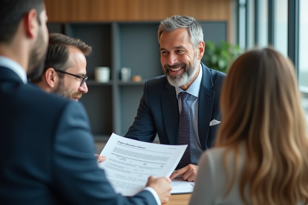Agent immobilier pr&eacute;sentant un rapport &agrave; un couple dans un bureau