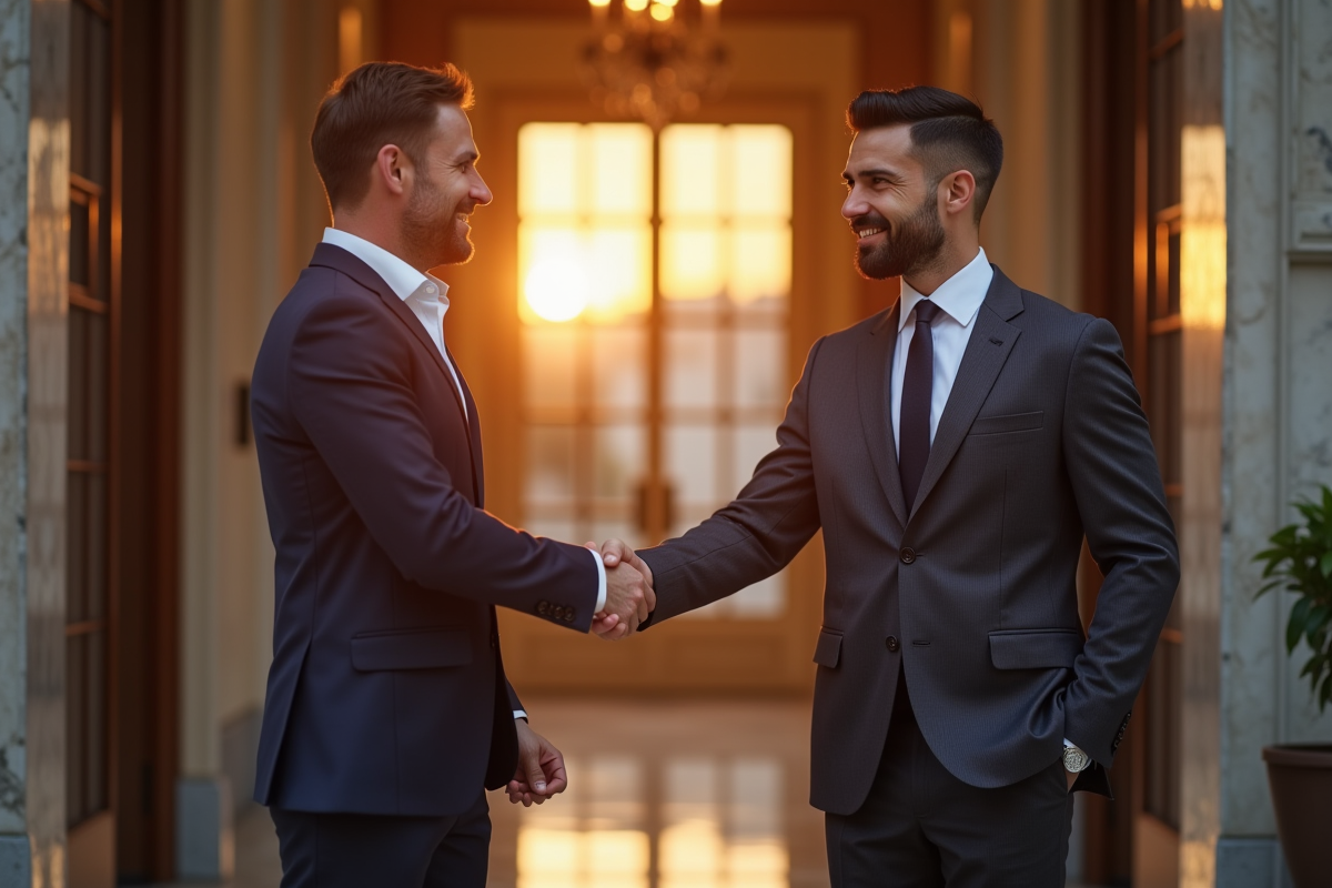 Agent immobilier souriant serrant la main de clients élégants
