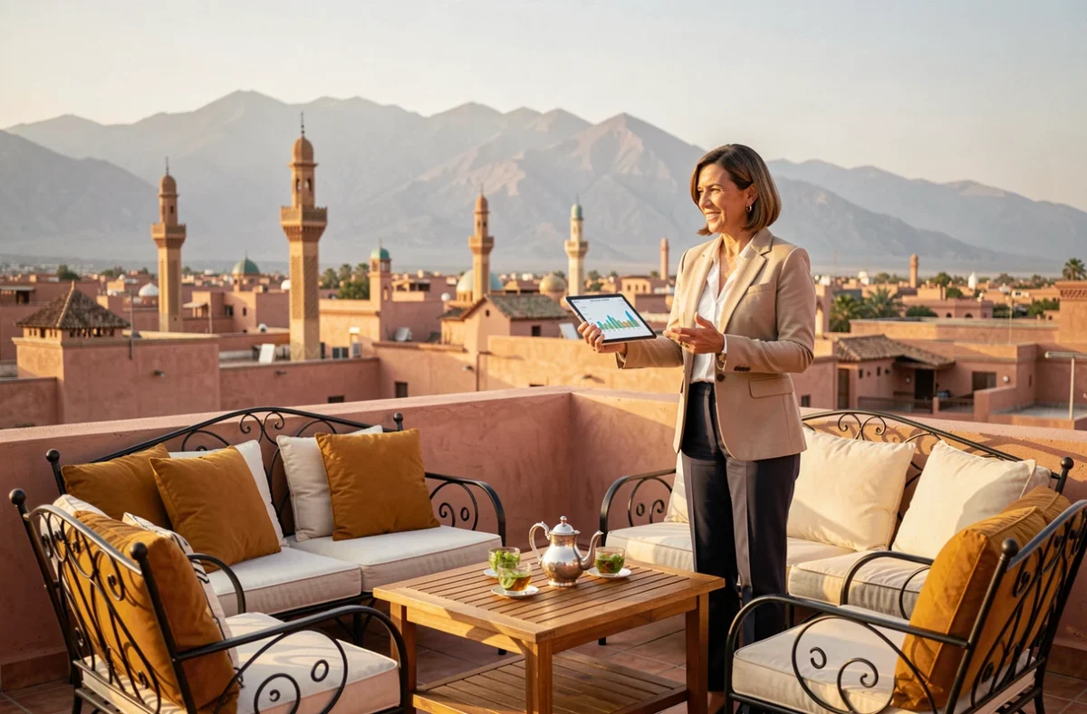 Agent immobilier féminine présentant les données de rentabilité d'une villa à vendre à Marrakech depuis une terrasse panoramique avec vue sur la médina