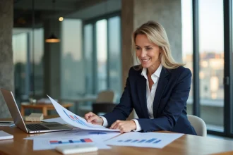 Agente immobilière à Lyon consultant des documents d'estimation de prix immobilier sur un bureau moderne
