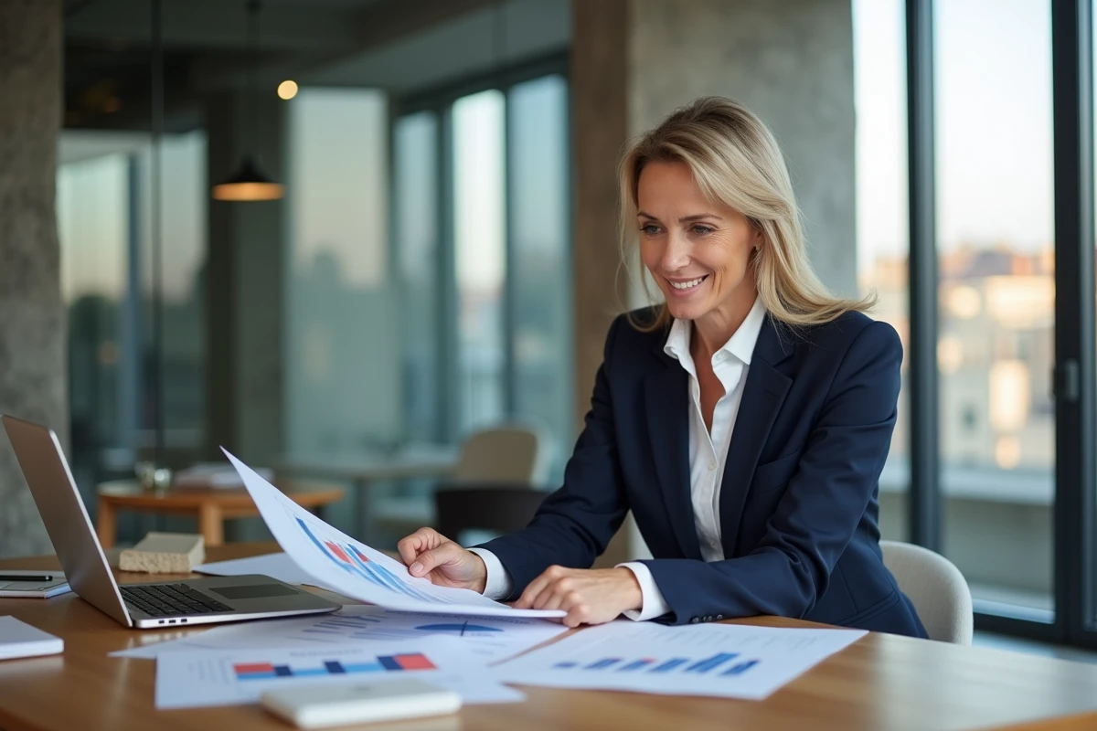 Agente immobilière à Lyon consultant des documents d'estimation de prix immobilier sur un bureau moderne