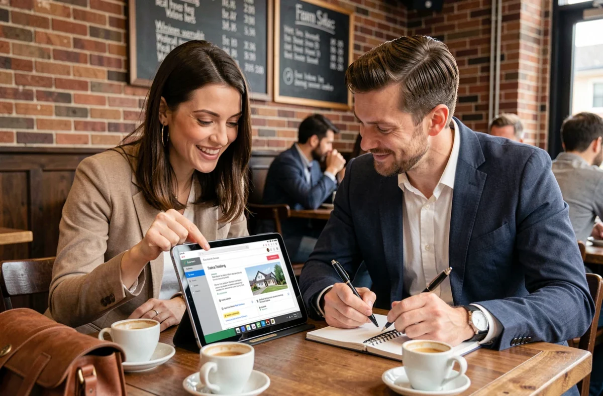 Deux agents IAD en réunion informelle dans un café pour consulter iadintranet et partager des conseils de formation immobilière