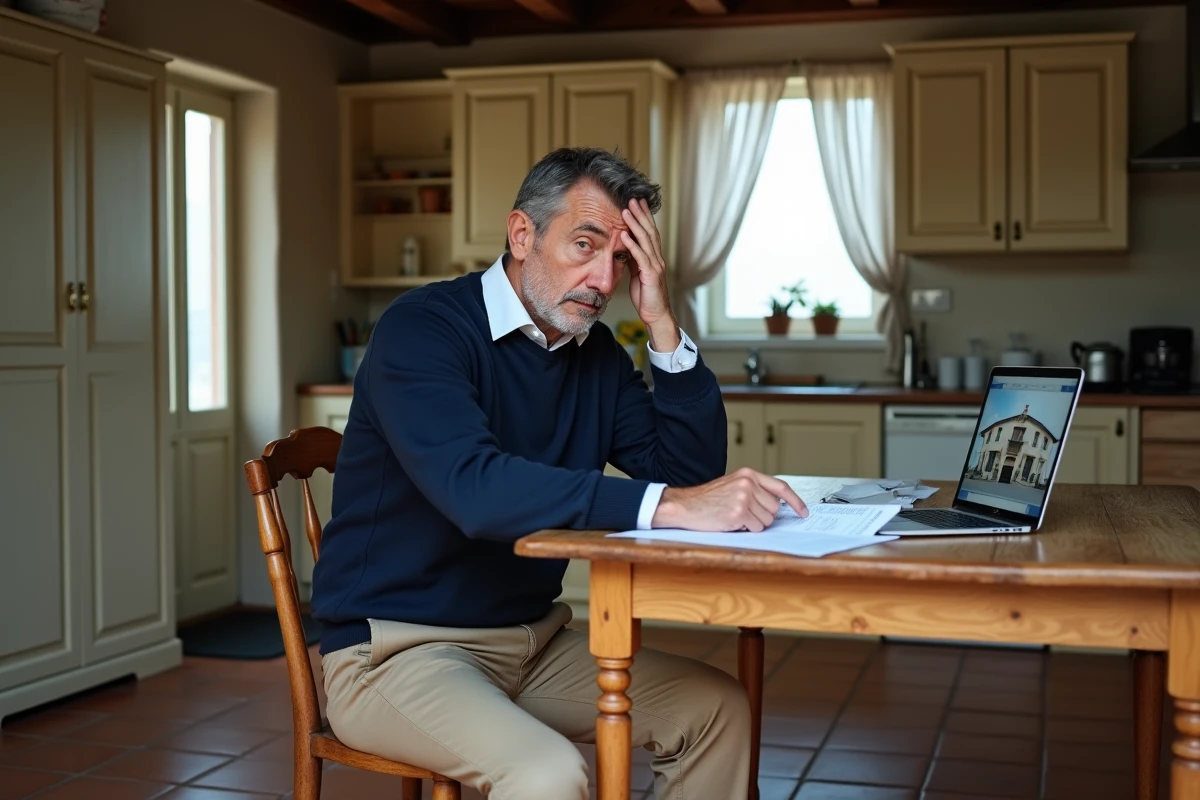 Homme analysant des documents immobiliers dans une maison normande à vendre près de la mer