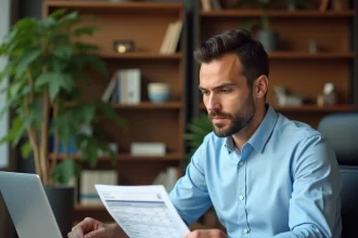 Homme analysant la rentabilité locative d'une annonce immobilière avec un simulateur sur ordinateur portable