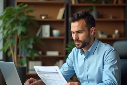 Homme analysant la rentabilité locative d'une annonce immobilière avec un simulateur sur ordinateur portable