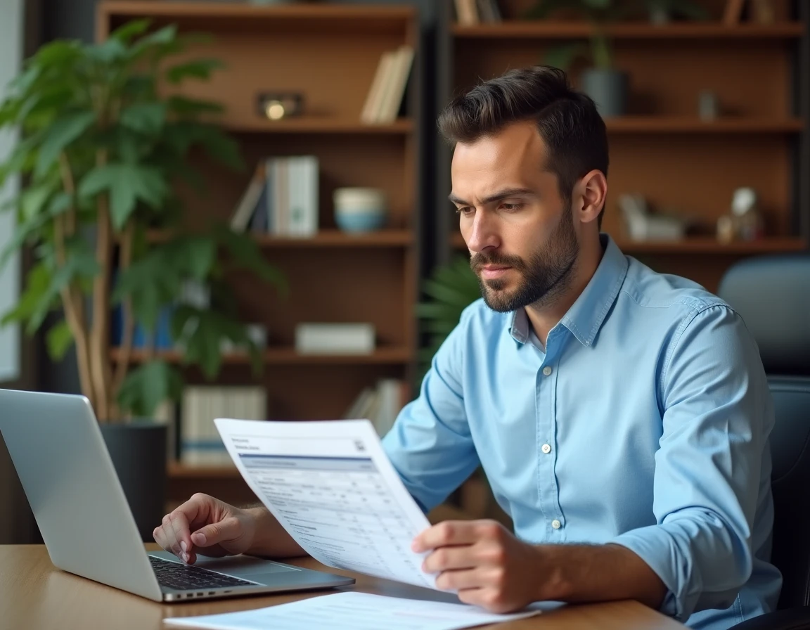 Homme analysant la rentabilité locative d'une annonce immobilière avec un simulateur sur ordinateur portable