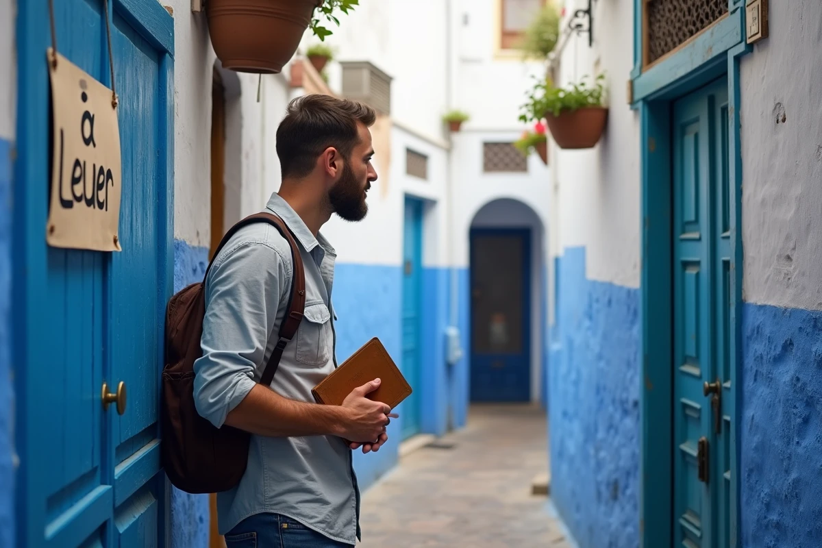 Homme consultant une annonce de location particulier affichée sur une porte bleue dans une ruelle de la médina d'Essaouira