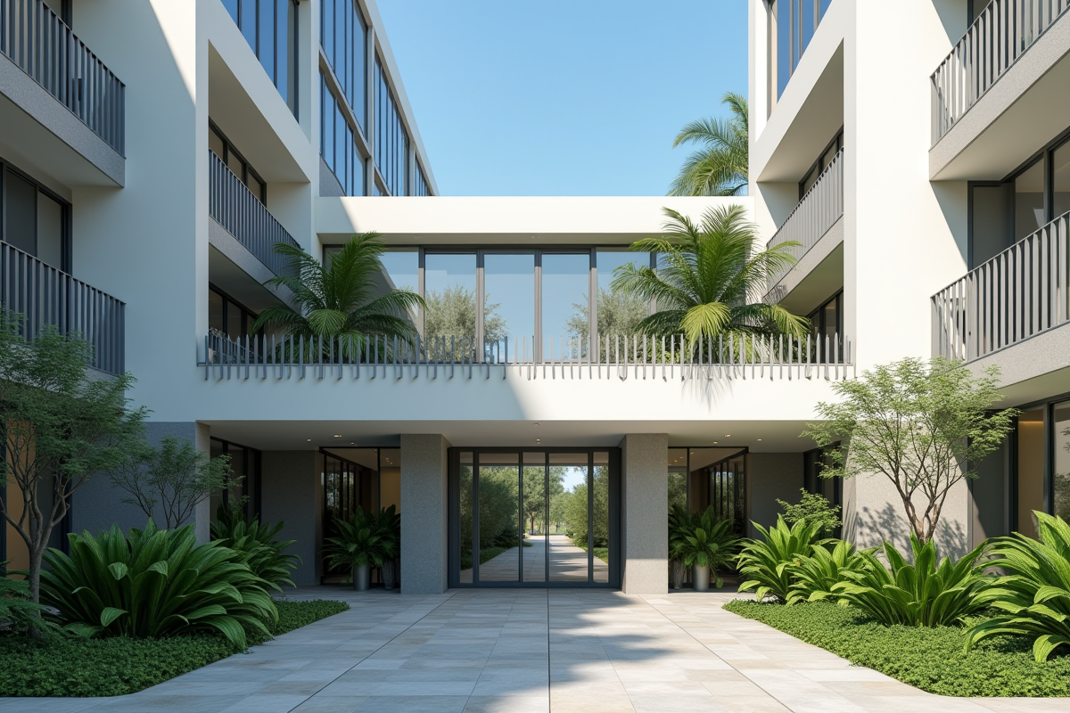 Façade d un immeuble moderne avec grandes fenêtres et plantes