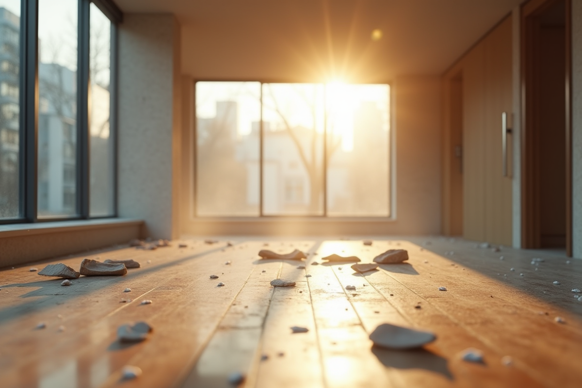 Appartement moderne endommagé avec débris et lumière naturelle