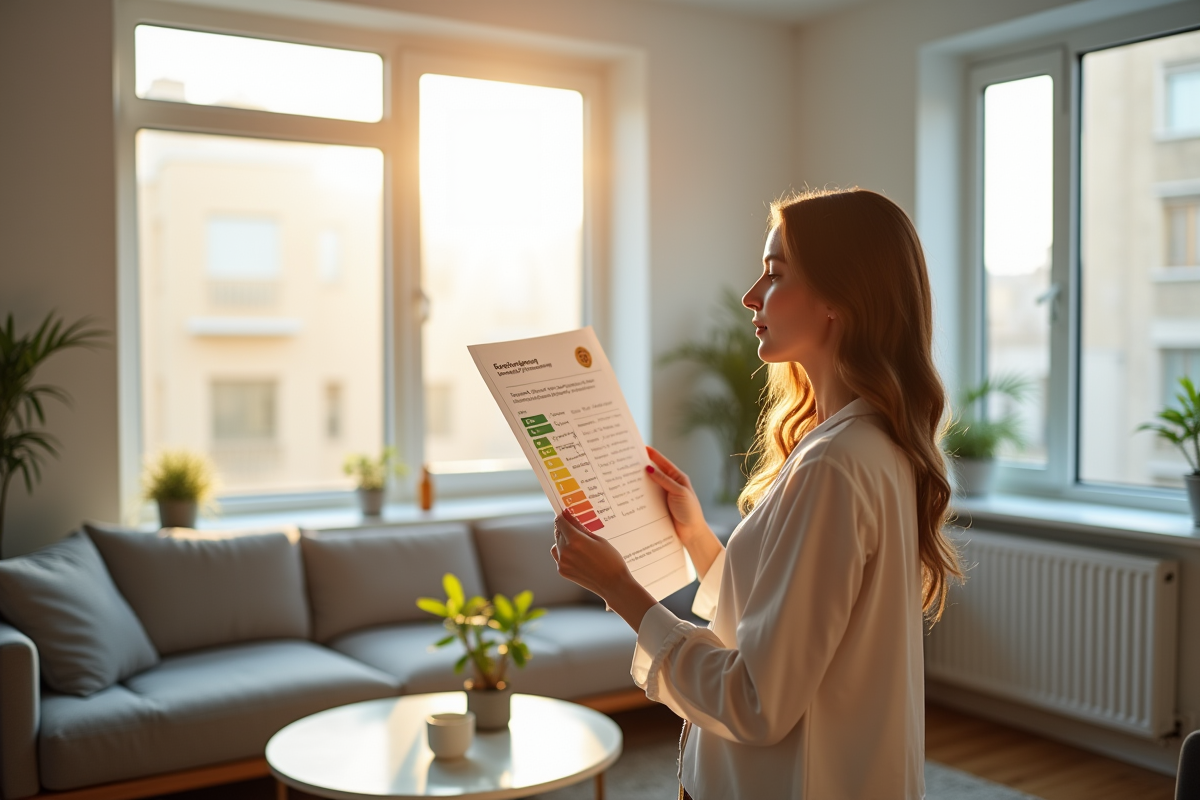 Salon moderne lumineux avec femme tenant un bilan énergétique
