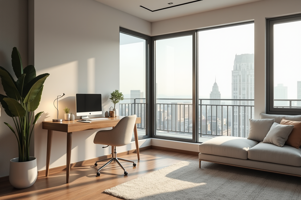 Salon moderne lumineux avec bureau intégré et grande fenetre