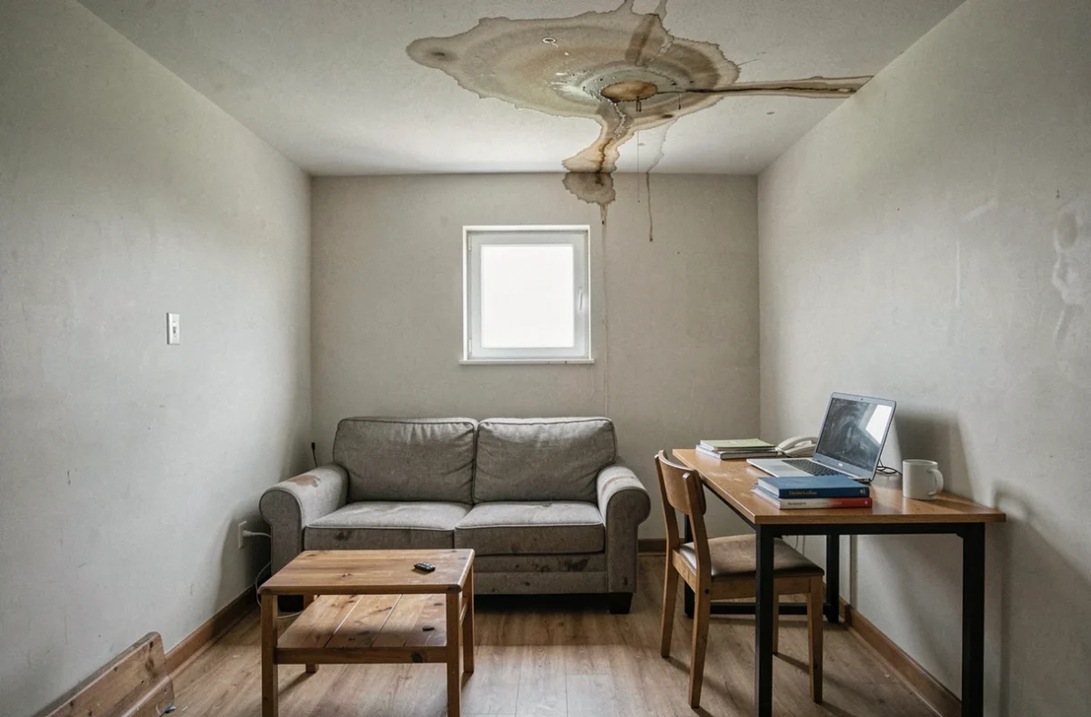 Appartement meublé étudiant avec des dégâts des eaux au plafond illustrant les risques locatifs sans assurance