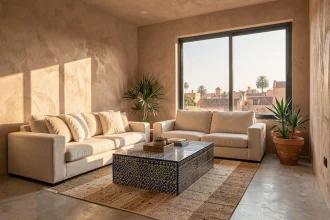 Salon d'un appartement moderne à vendre à Marrakech avec décoration marocaine contemporaine et vue sur les toits