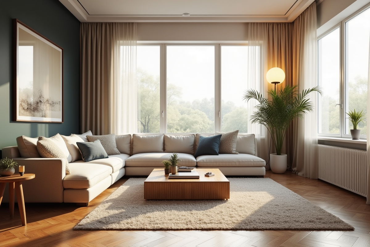 Salon moderne lumineux avec mobilier contemporain