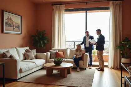 Agent immobilier présentant un appartement moderne à vendre à Guéliz Marrakech à un couple d'acheteurs