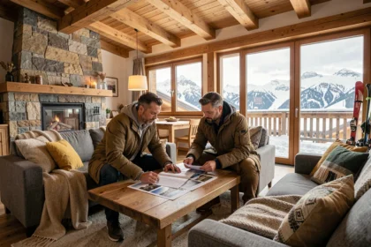 Couple examinant des documents immobiliers dans un appartement moderne aux Menuires avec vue panoramique sur les pistes enneigées