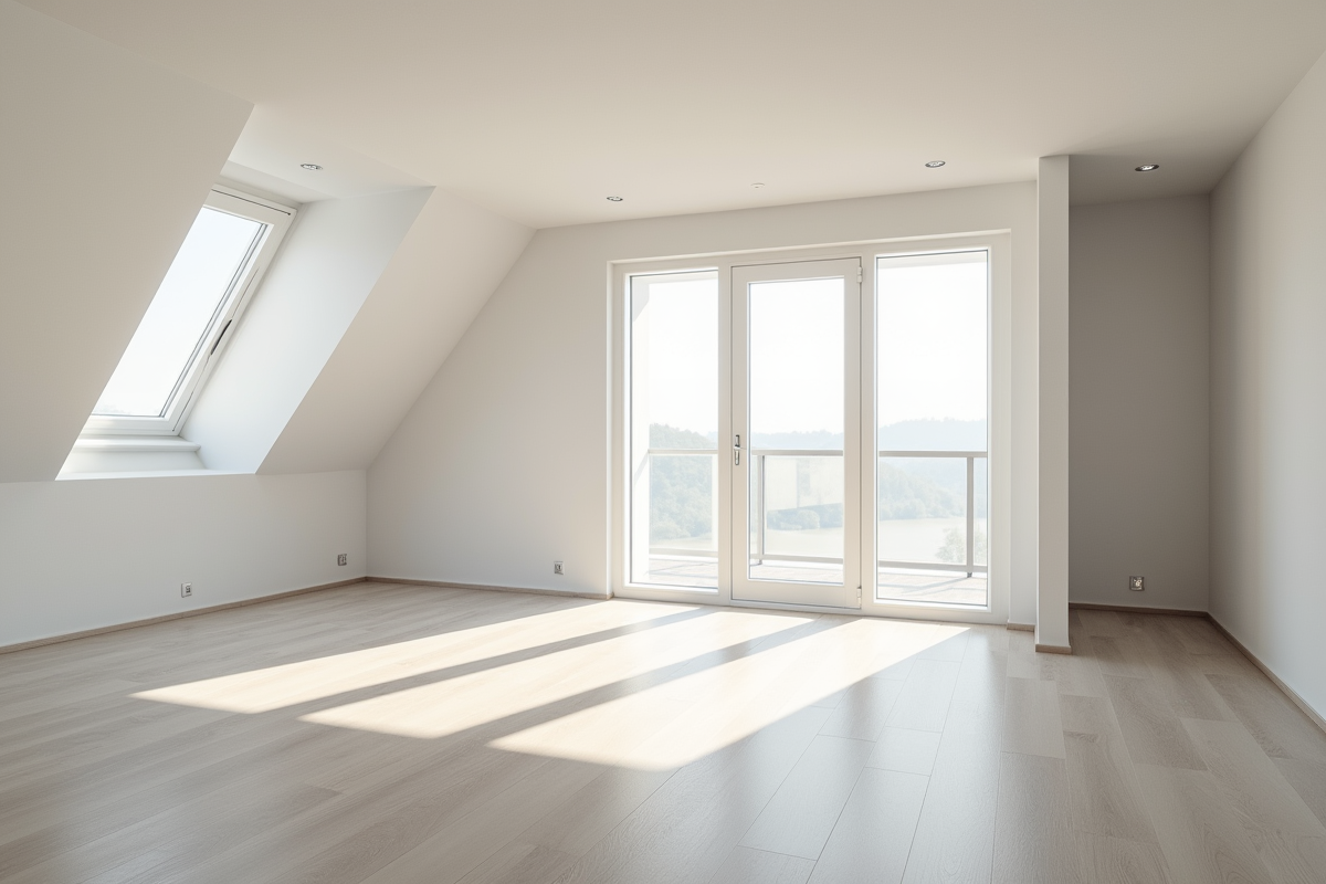 Intérieur d'un appartement moderne vide avec grandes fenêtres