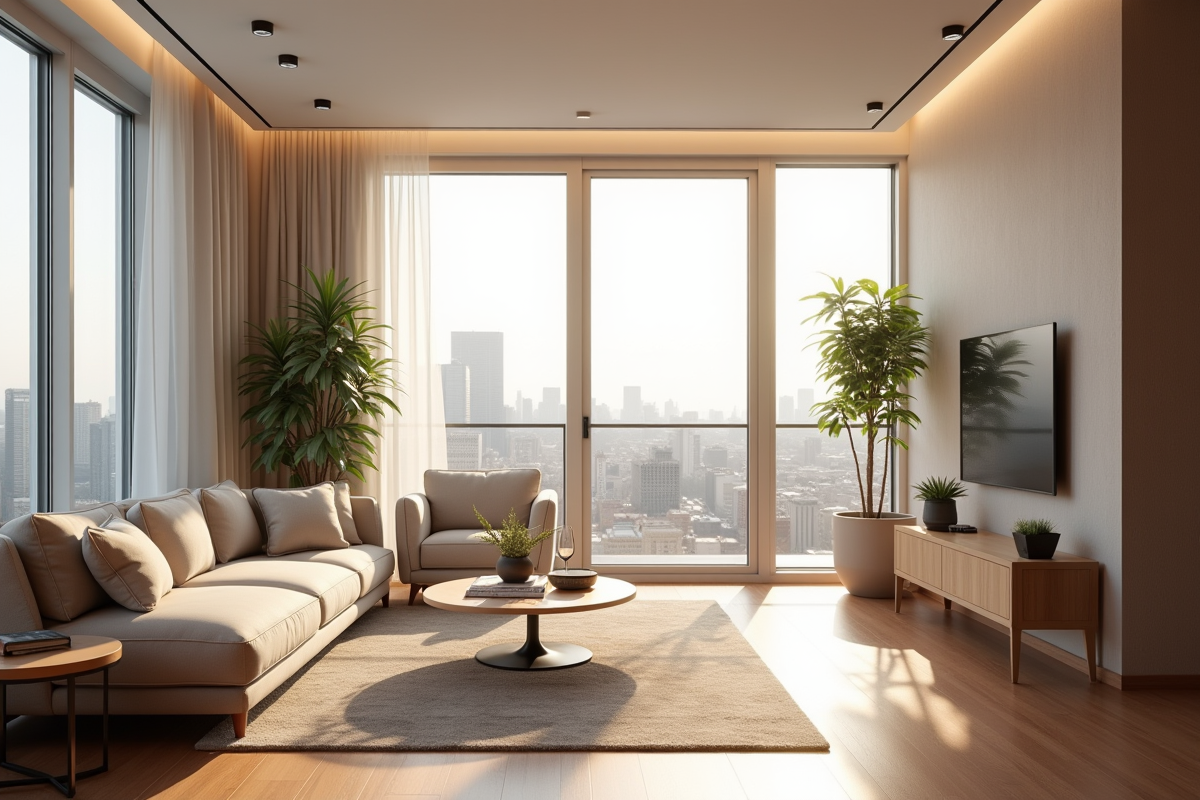 Intérieur lumineux d'un appartement moderne en ville avec grandes fenêtres