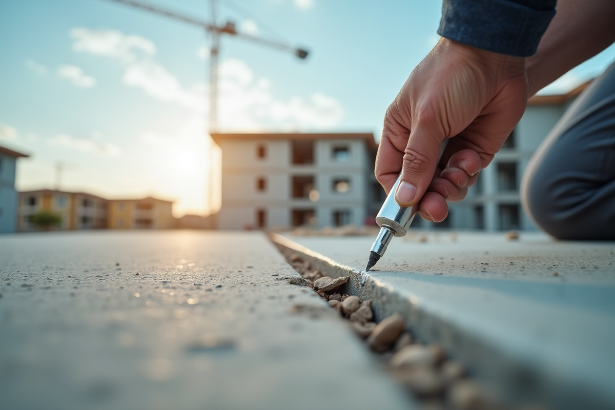 Main d’un ouvrier appliquant un joint d’étanchéité sur une fondation en béton