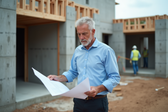 Architecte homme examinant plans sur un chantier en construction