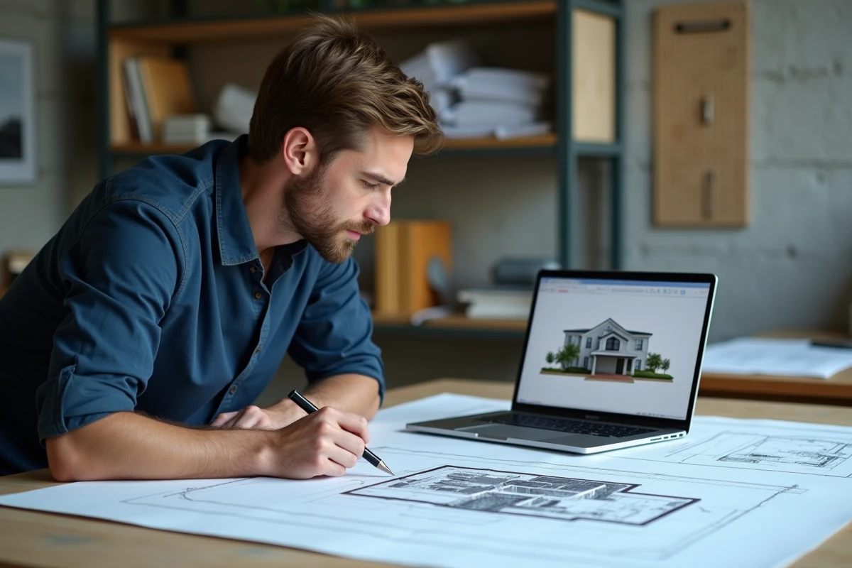 Architecte comparant un plan de coupe papier avec un logiciel CAO gratuit sur ordinateur portable