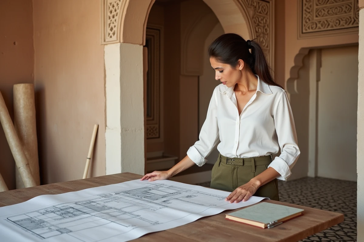 Architecte consultant des plans de rénovation écologique à l'intérieur d'un riad traditionnel en vente en médina