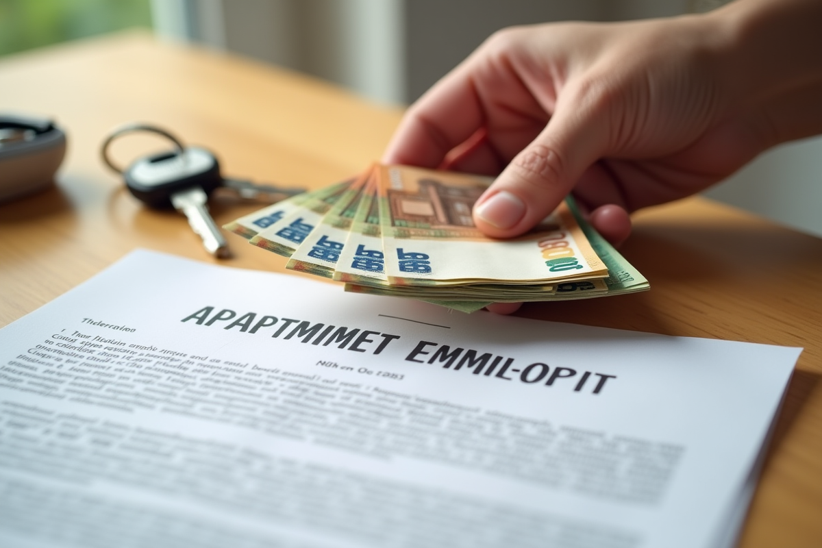 Main tenant tenant des billets et clés d appartement sur un bureau lumineux