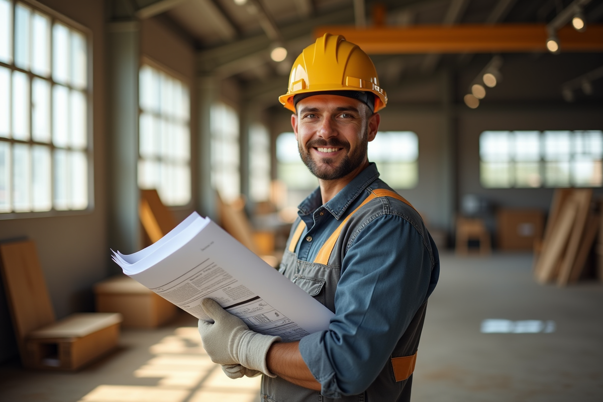 Artisan confiant dans son atelier avec documents de construction