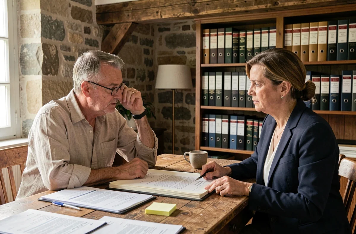 Associés agricoles en discussion sur un contrat de bail rural dans un bureau de notaire rustique
