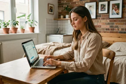 Jeune femme consultant des documents d'assurance habitation sur un ordinateur portable dans un studio meublé