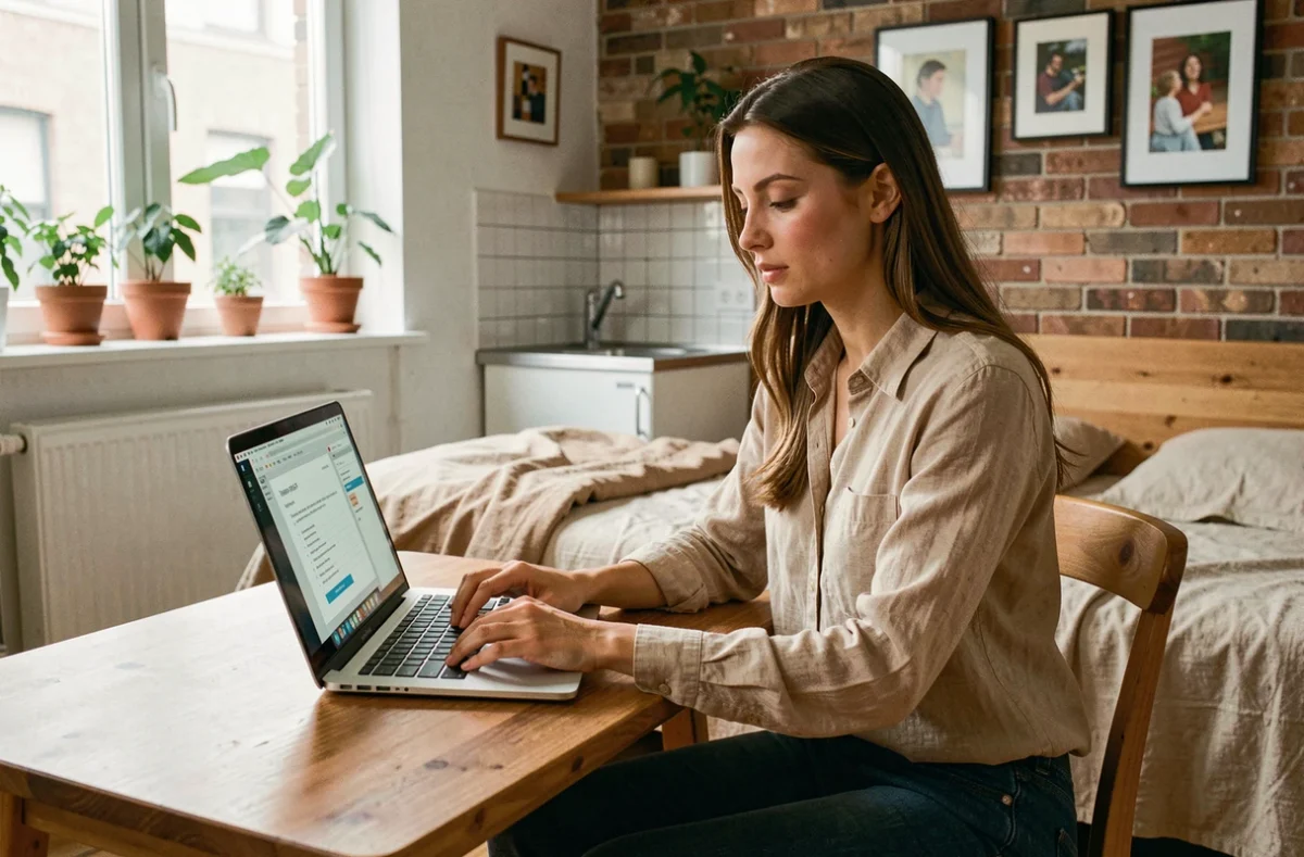 Jeune femme consultant des documents d'assurance habitation sur un ordinateur portable dans un studio meublé