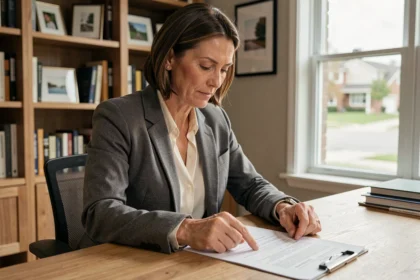Femme consultant un contrat d'assurance habitation pour un logement dont elle n'est pas propriétaire
